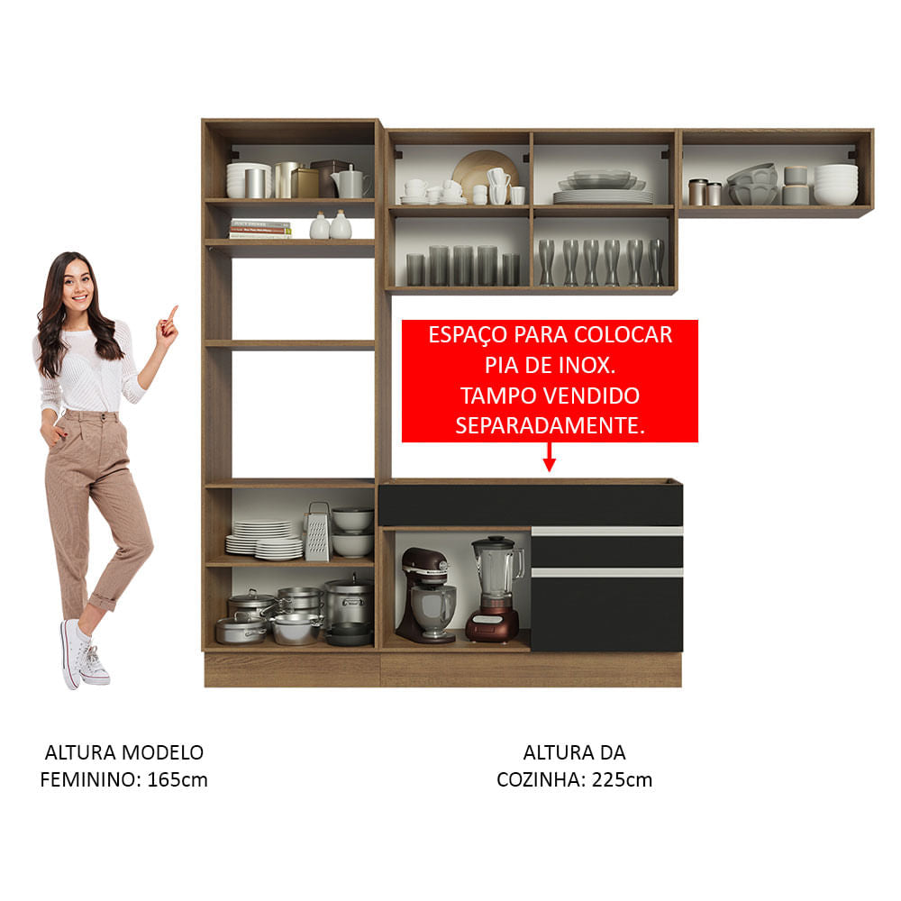 Armário de Cozinha Completa 270cm Rustic/Preto Glamy Madesa 15