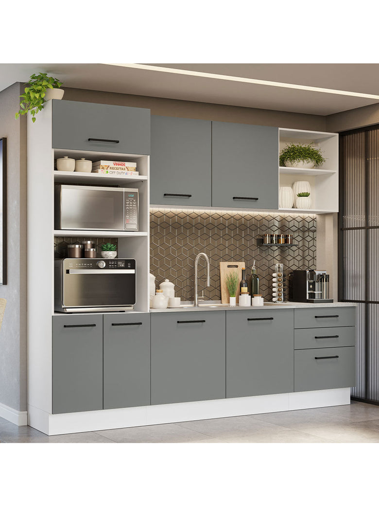 Armário de Cozinha Completa 250cm Branco/Cinza Agata Madesa 01