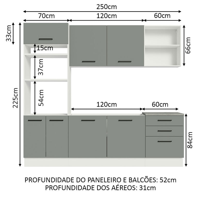 Armário de Cozinha Completa 250cm Branco/Cinza Agata Madesa 01