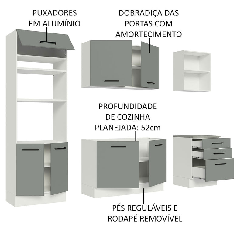 Armário de Cozinha Completa 250cm Branco/Cinza Agata Madesa 01