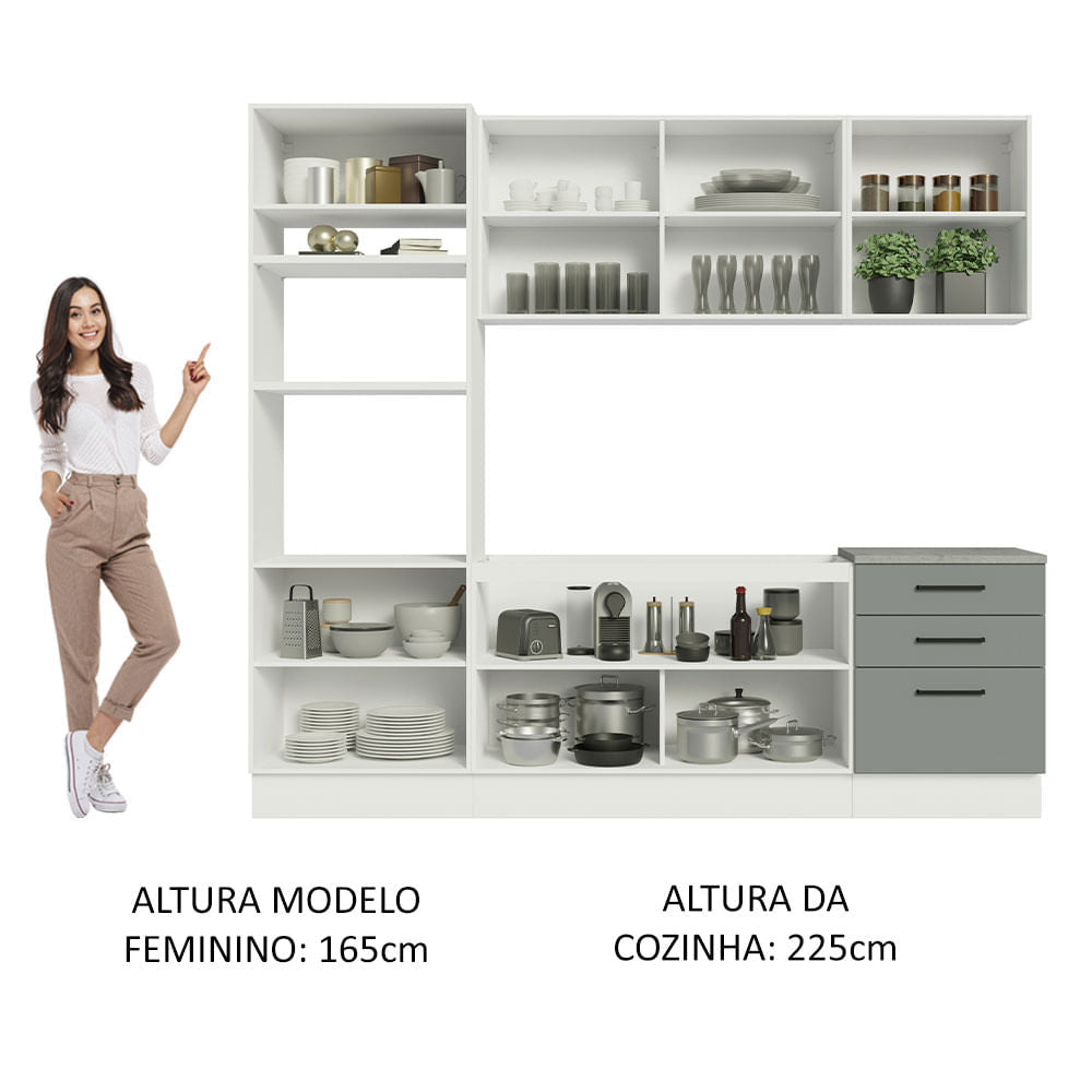 Armário de Cozinha Completa 250cm Branco/Cinza Agata Madesa 01