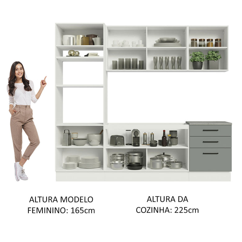 Armário de Cozinha Completa 250cm Branco/Cinza Agata Madesa 01