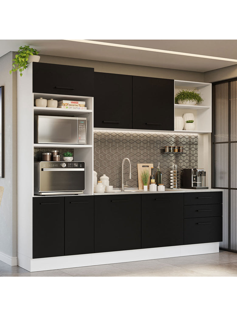Armário de Cozinha Completa 250cm Branco/Preto Agata Madesa 01