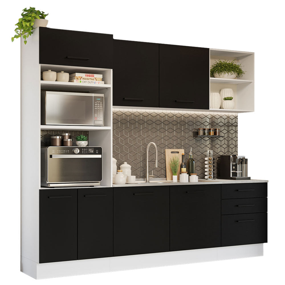 Armário de Cozinha Completa 250cm Branco/Preto Agata Madesa 01 - Branco/Preto