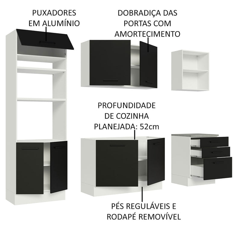 Armário de Cozinha Completa 250cm Branco/Preto Agata Madesa 01