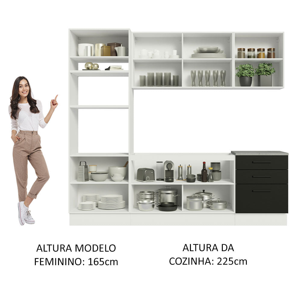 Armário de Cozinha Completa 250cm Branco/Preto Agata Madesa 01