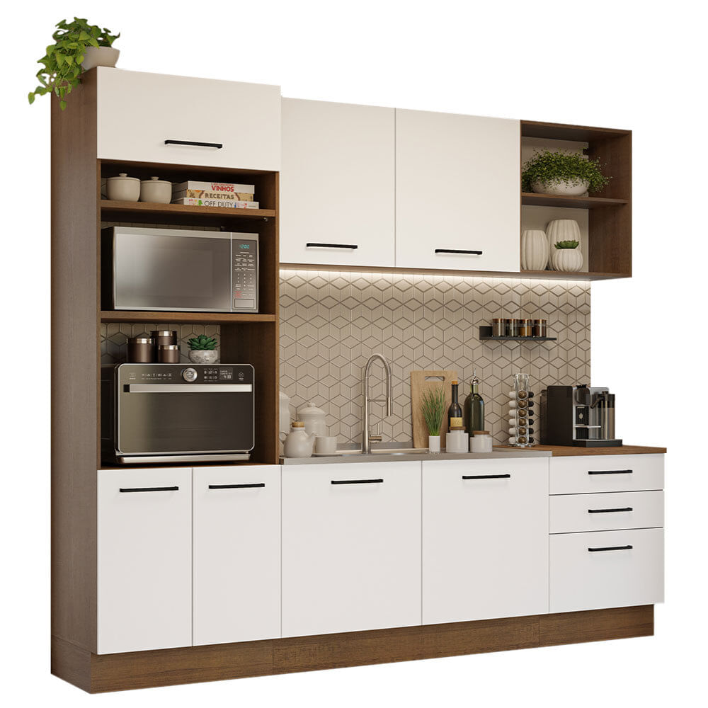 Armário de Cozinha Completa 250cm Rustic/Branco Agata Madesa 01 - Rustic/Branco