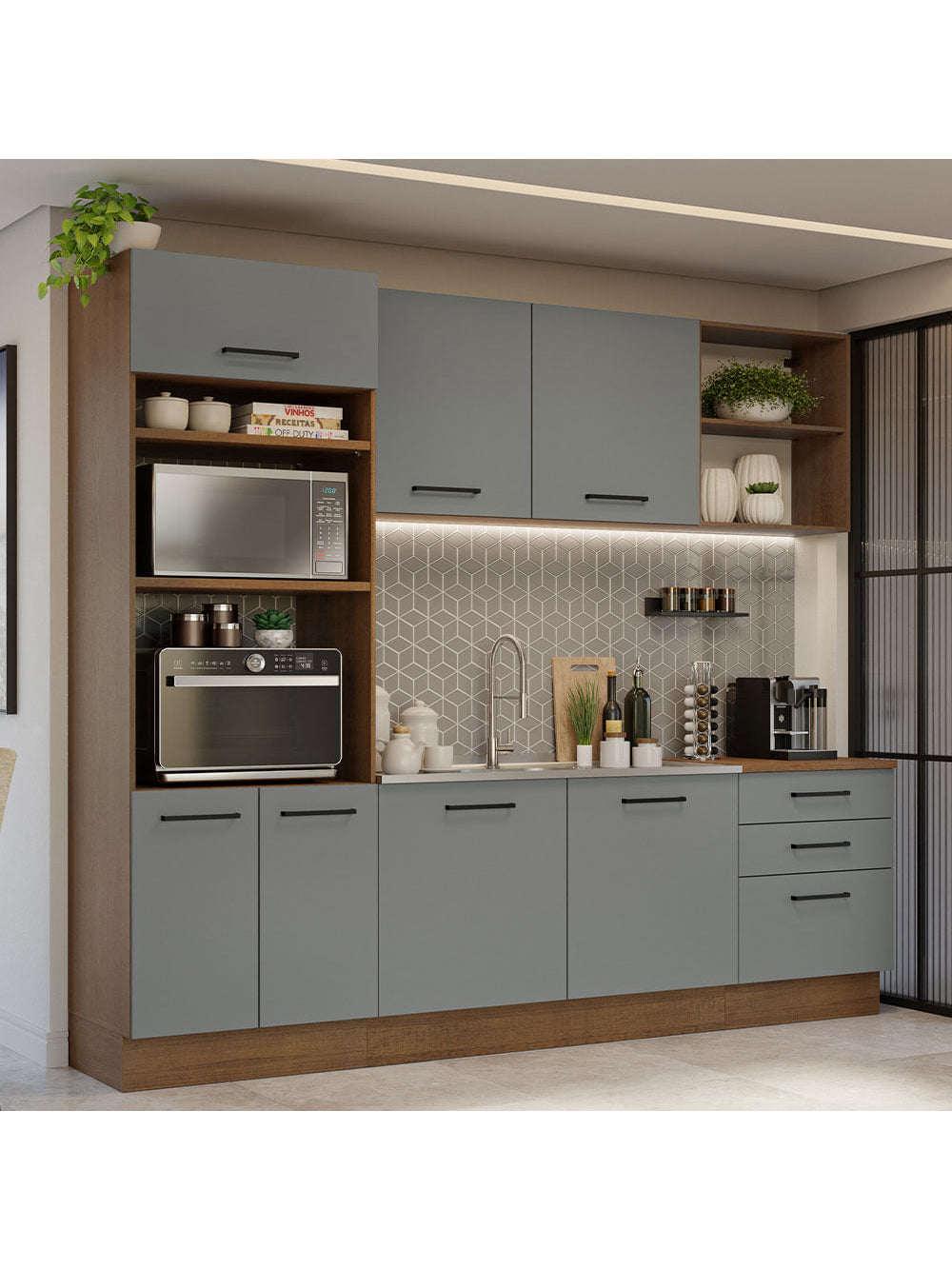 Armário de Cozinha Completa 250cm Rustic/Cinza Agata Madesa 01 - Rustic/Cinza