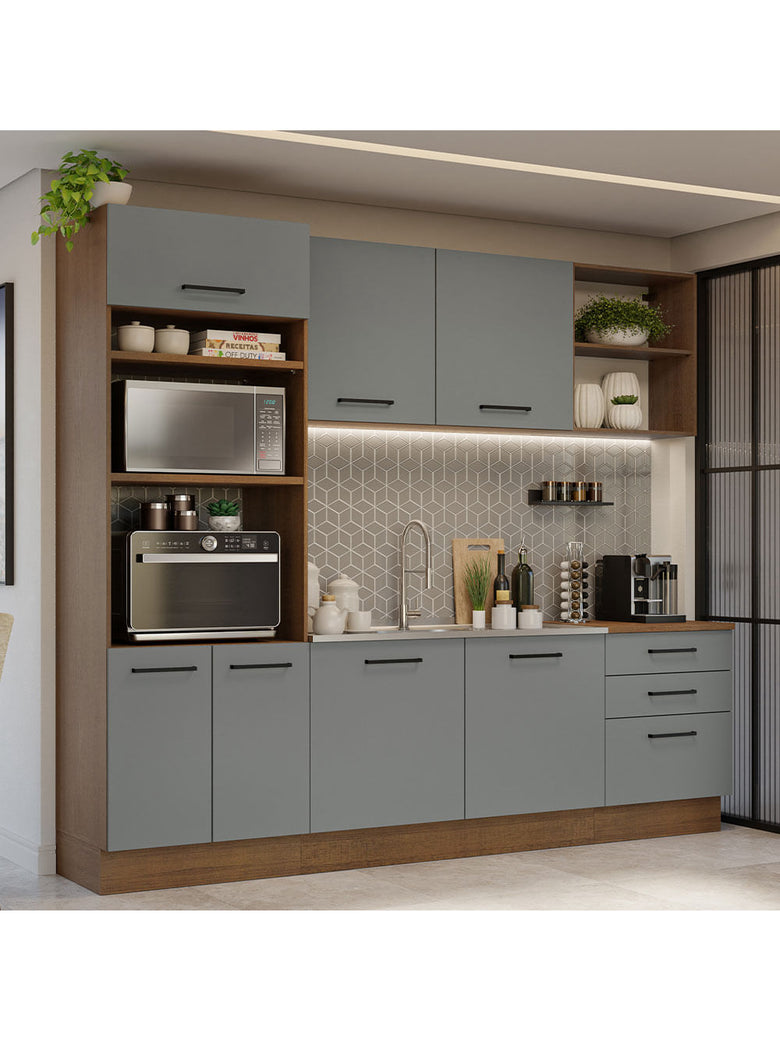Armário de Cozinha Completa 250cm Rustic/Cinza Agata Madesa 01