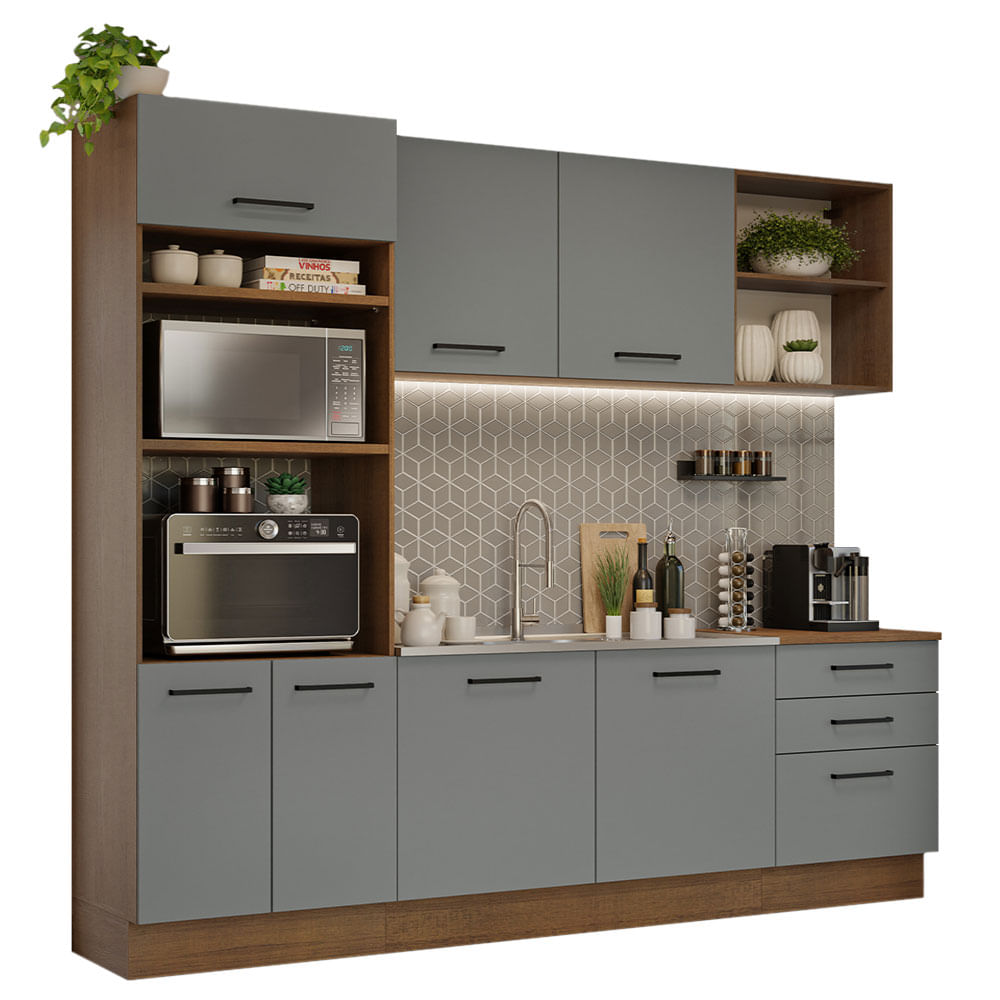 Armário de Cozinha Completa 250cm Rustic/Cinza Agata Madesa 01 - Rustic/Cinza