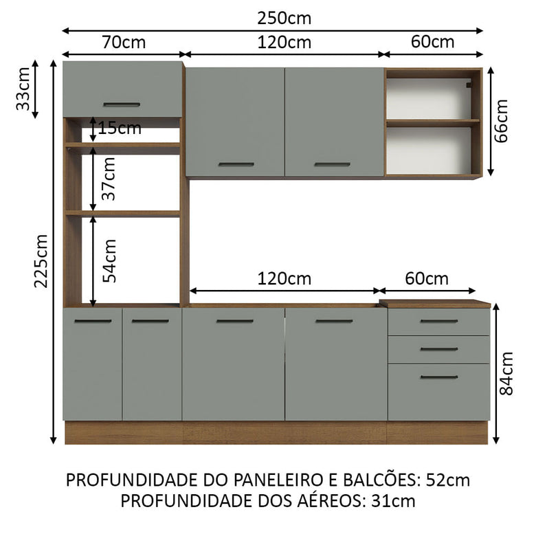 Armário de Cozinha Completa 250cm Rustic/Cinza Agata Madesa 01