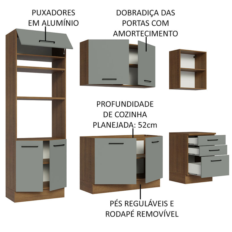 Armário de Cozinha Completa 250cm Rustic/Cinza Agata Madesa 01