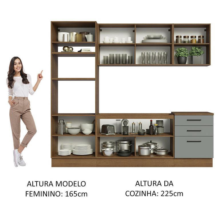 Armário de Cozinha Completa 250cm Rustic/Cinza Agata Madesa 01