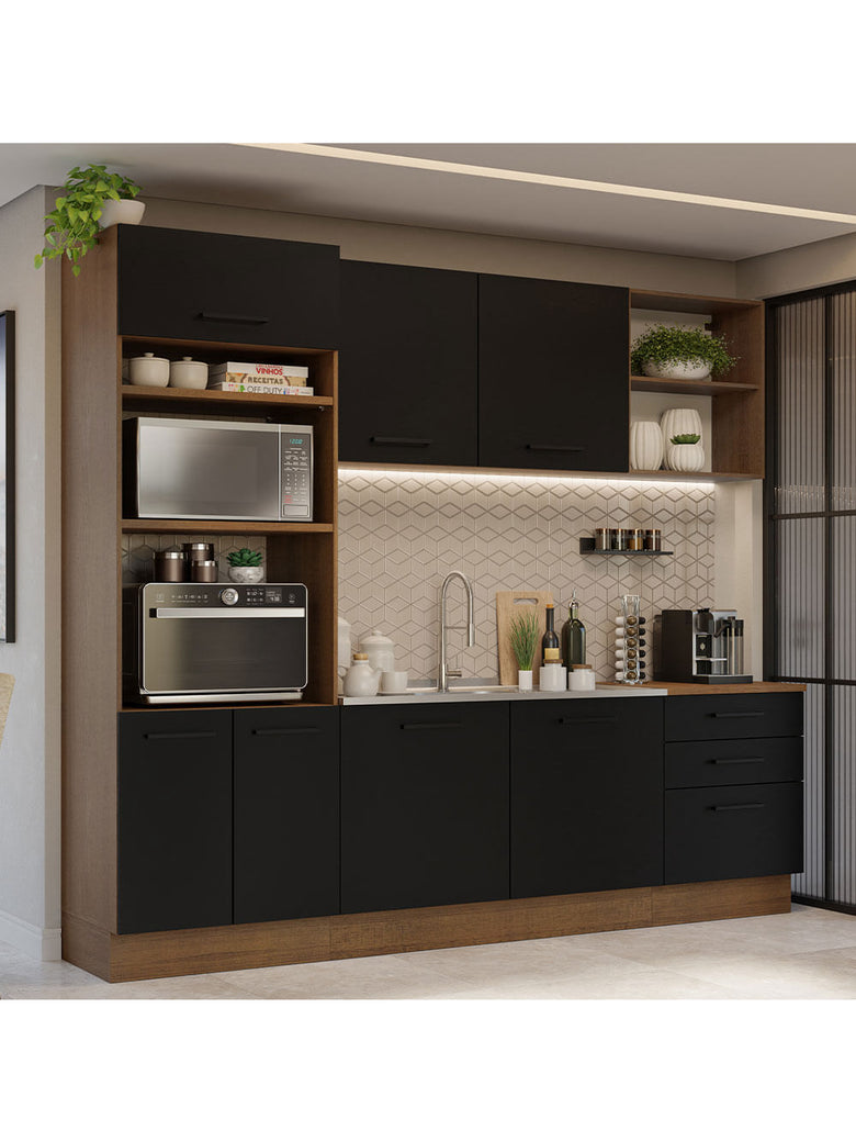 Armário de Cozinha Completa 250cm Rustic/Preto Agata Madesa 01