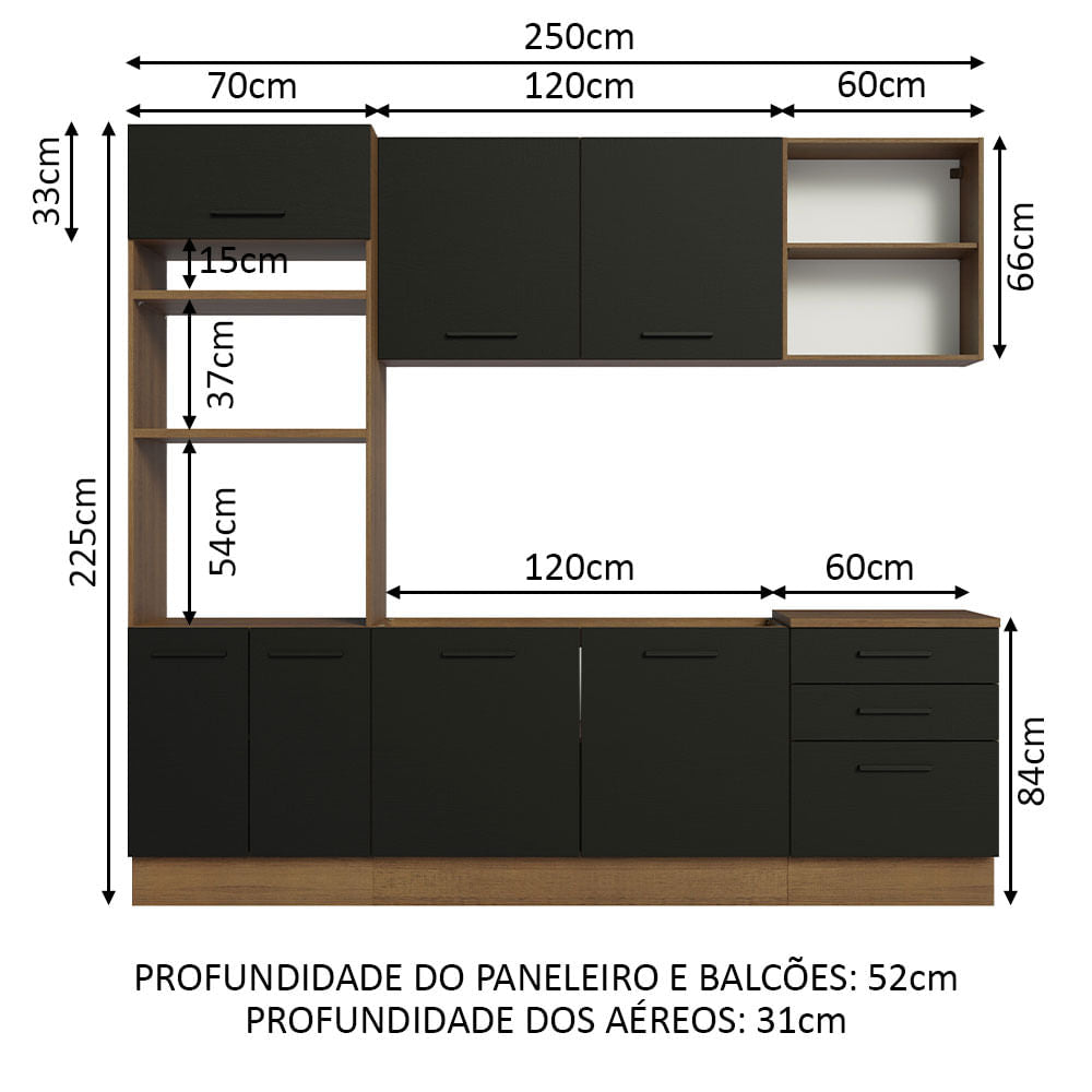 Armário de Cozinha Completa 250cm Rustic/Preto Agata Madesa 01