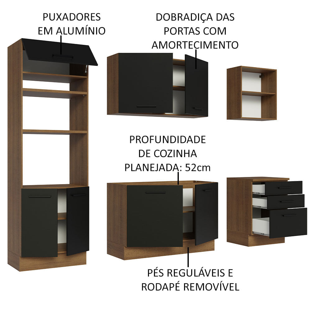 Armário de Cozinha Completa 250cm Rustic/Preto Agata Madesa 01