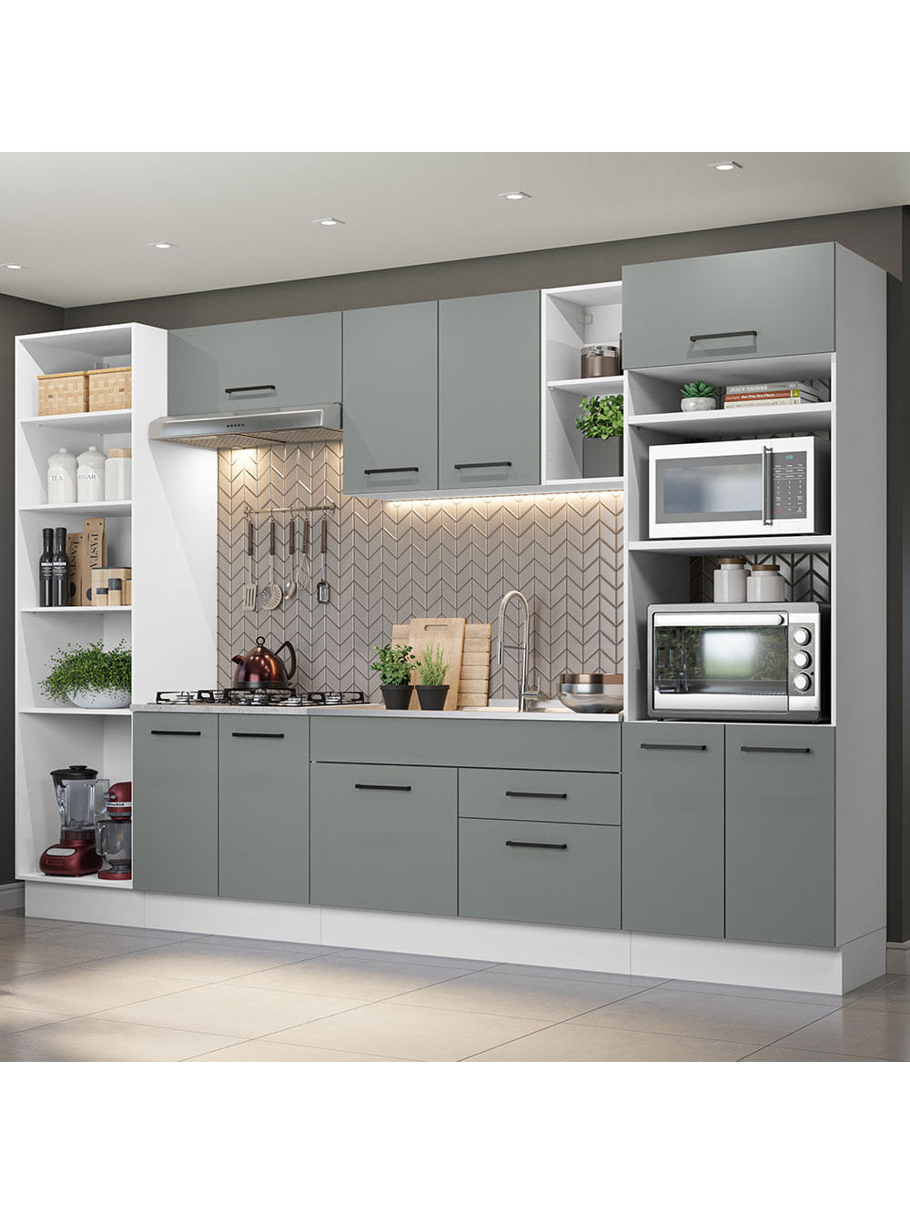 Armário de Cozinha Completa 330cm Branco/Cinza Agata Madesa 02 - Branco/Cinza