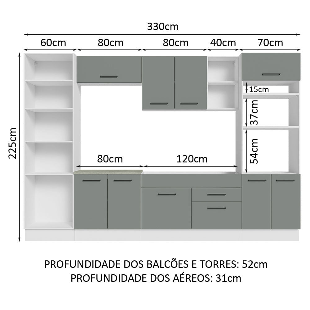 Armário de Cozinha Completa 330cm Branco/Cinza Agata Madesa 02