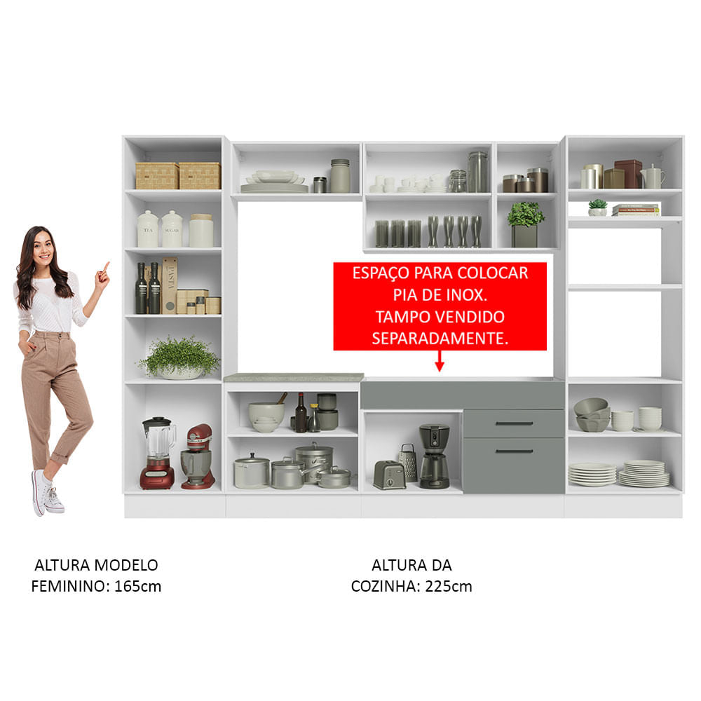 Armário de Cozinha Completa 330cm Branco/Cinza Agata Madesa 02