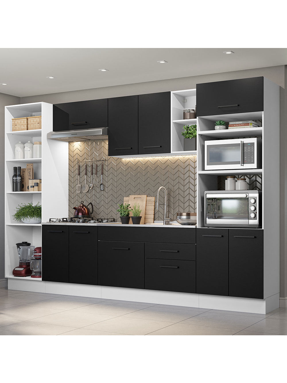 Armário de Cozinha Completa 330cm Branco/Preto Agata Madesa 02 - Branco/Preto