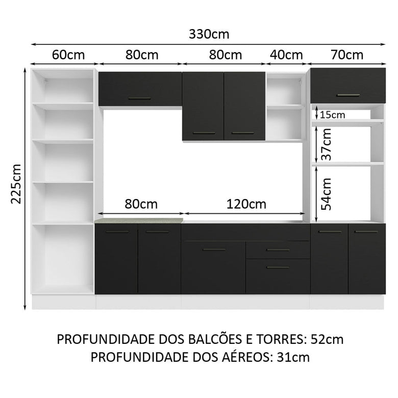 Armário de Cozinha Completa 330cm Branco/Preto Agata Madesa 02