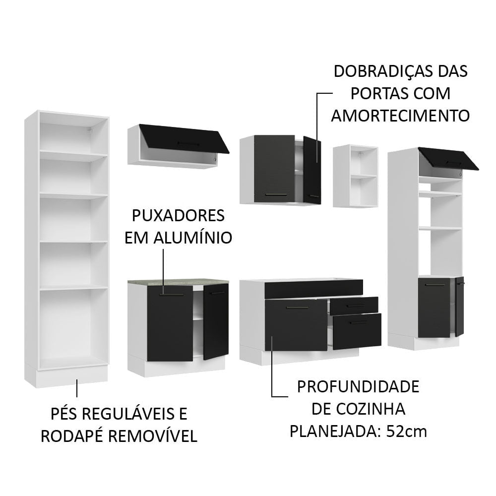 Armário de Cozinha Completa 330cm Branco/Preto Agata Madesa 02