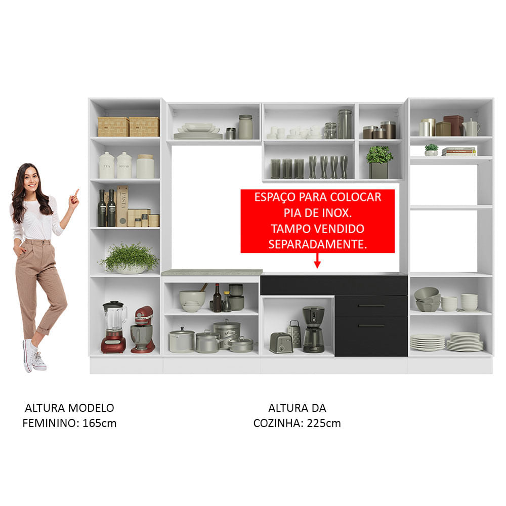 Armário de Cozinha Completa 330cm Branco/Preto Agata Madesa 02