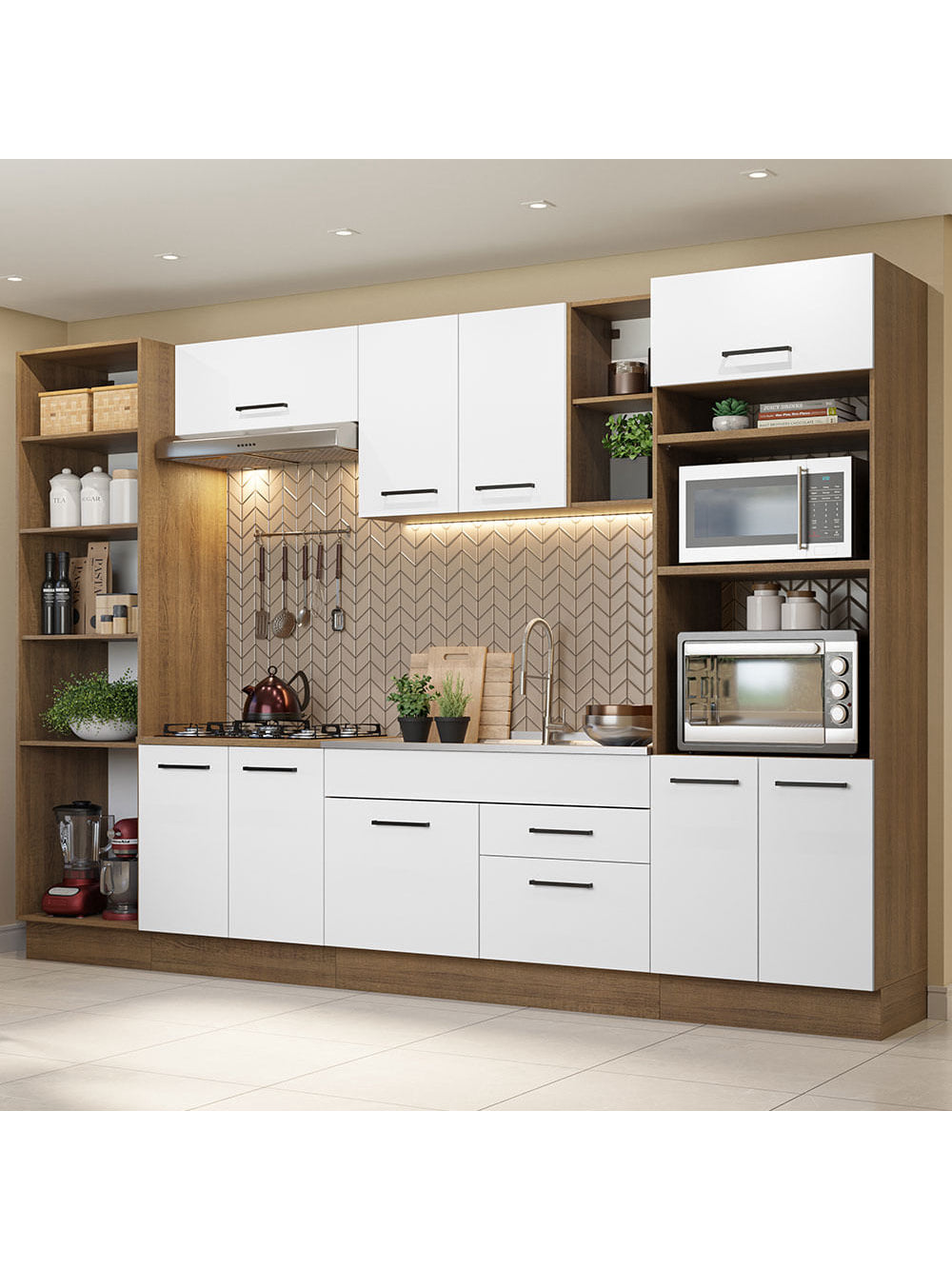 Armário de Cozinha Completa 330cm Rustic/Branco Agata Madesa 02 - Rustic/Branco