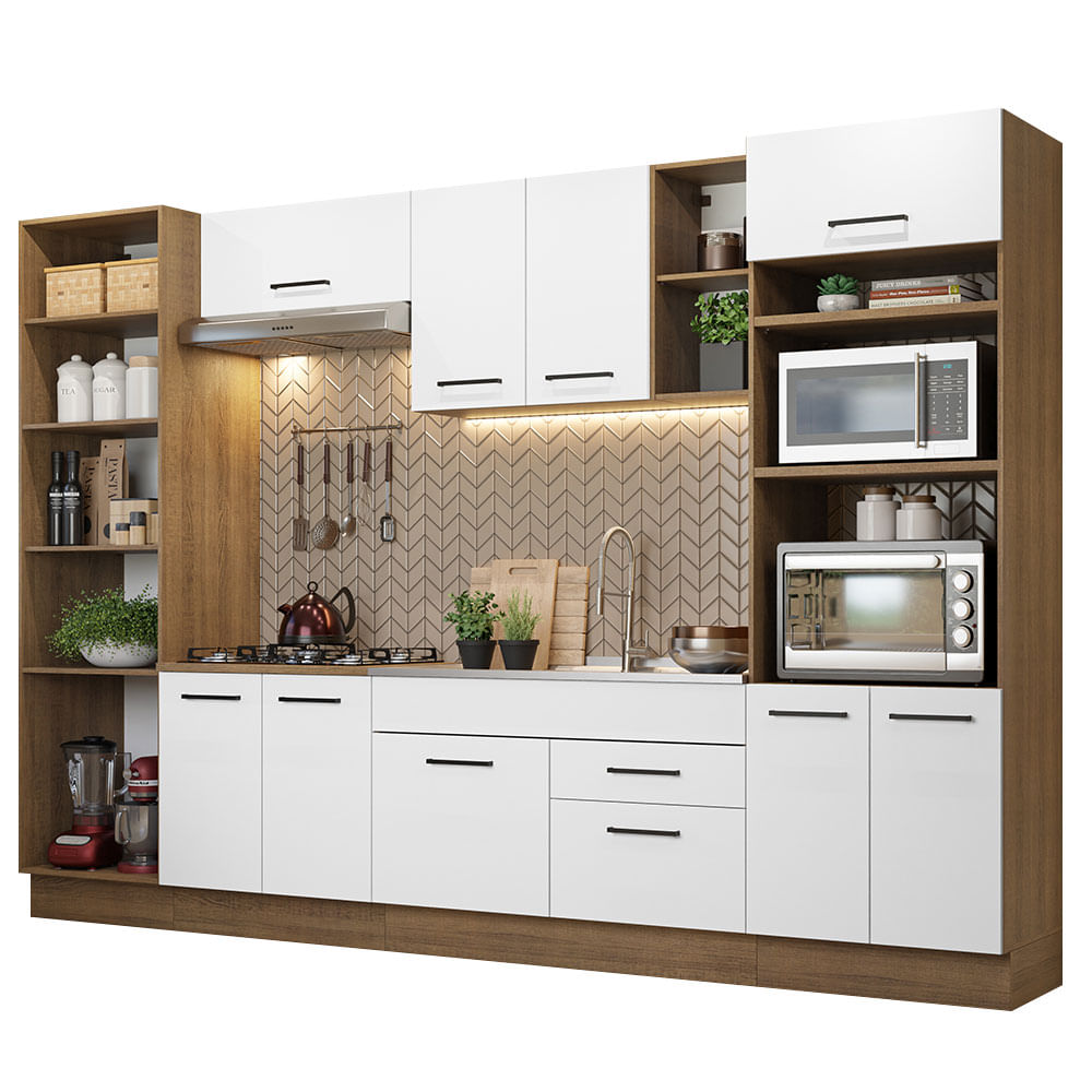 Armário de Cozinha Completa 330cm Rustic/Branco Agata Madesa 02 - Rustic/Branco