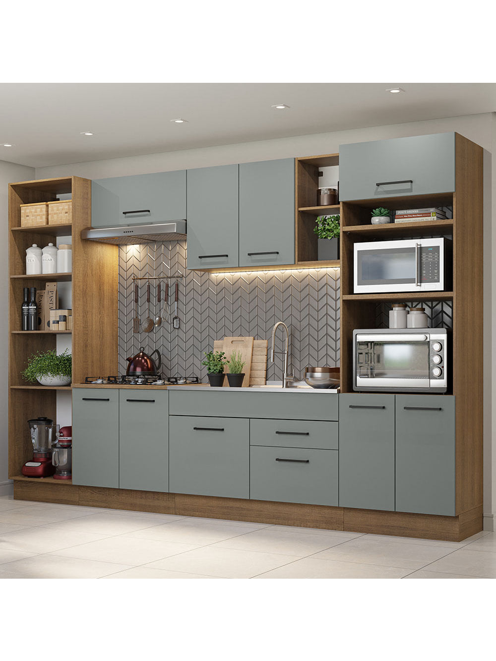 Armário de Cozinha Completa 330cm Rustic/Cinza Agata Madesa 02 - Rustic/Cinza