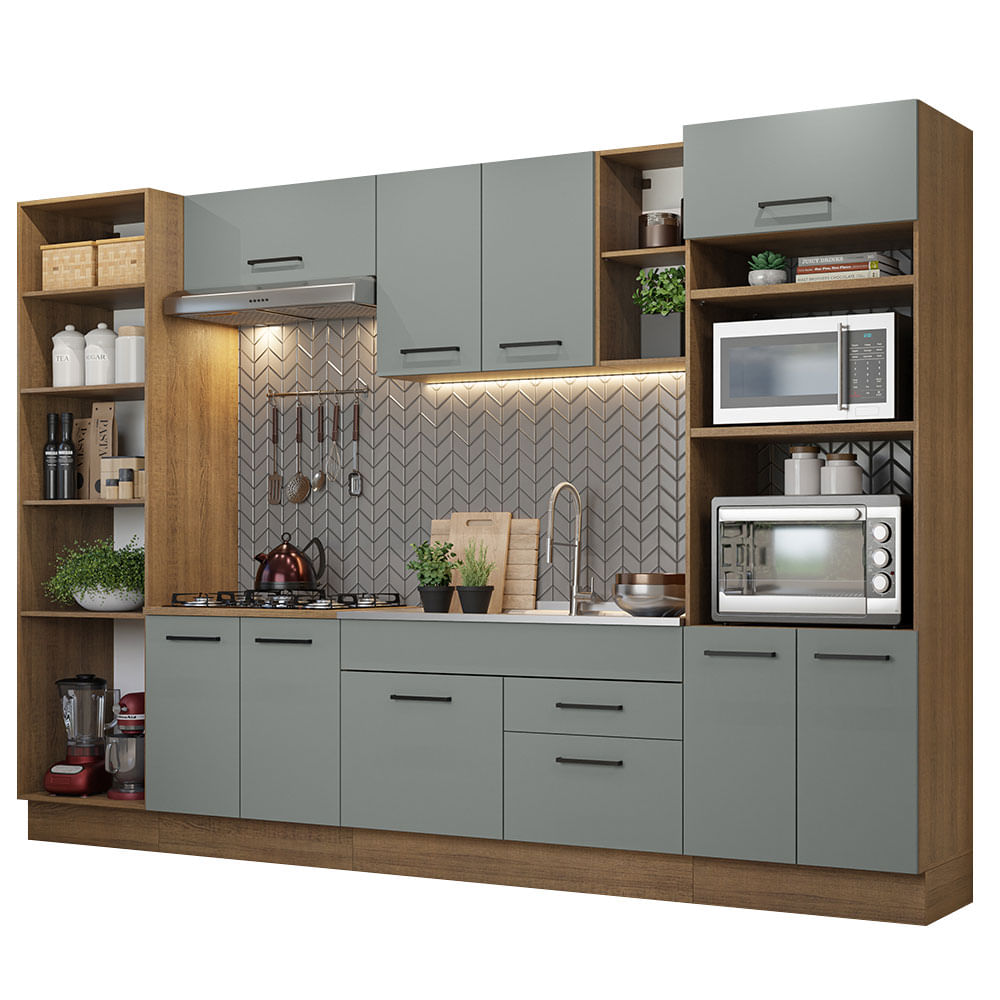 Armário de Cozinha Completa 330cm Rustic/Cinza Agata Madesa 02 - Rustic/Cinza