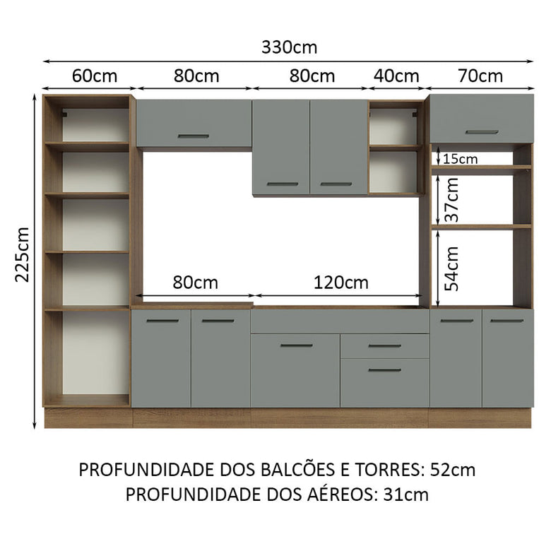 Armário de Cozinha Completa 330cm Rustic/Cinza Agata Madesa 02