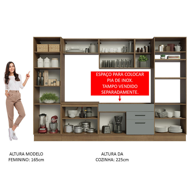 Armário de Cozinha Completa 330cm Rustic/Cinza Agata Madesa 02