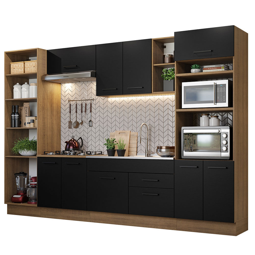 Armário de Cozinha Completa 330cm Rustic/Preto Agata Madesa 02 - Rustic/Preto