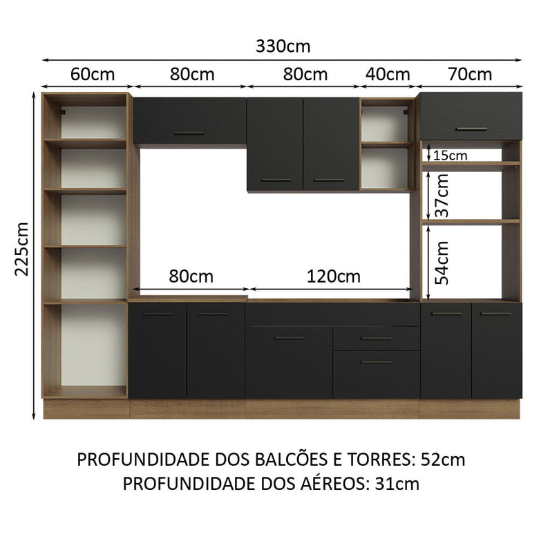 Armário de Cozinha Completa 330cm Rustic/Preto Agata Madesa 02