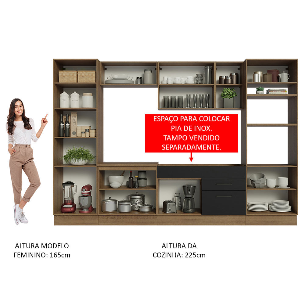 Armário de Cozinha Completa 330cm Rustic/Preto Agata Madesa 02