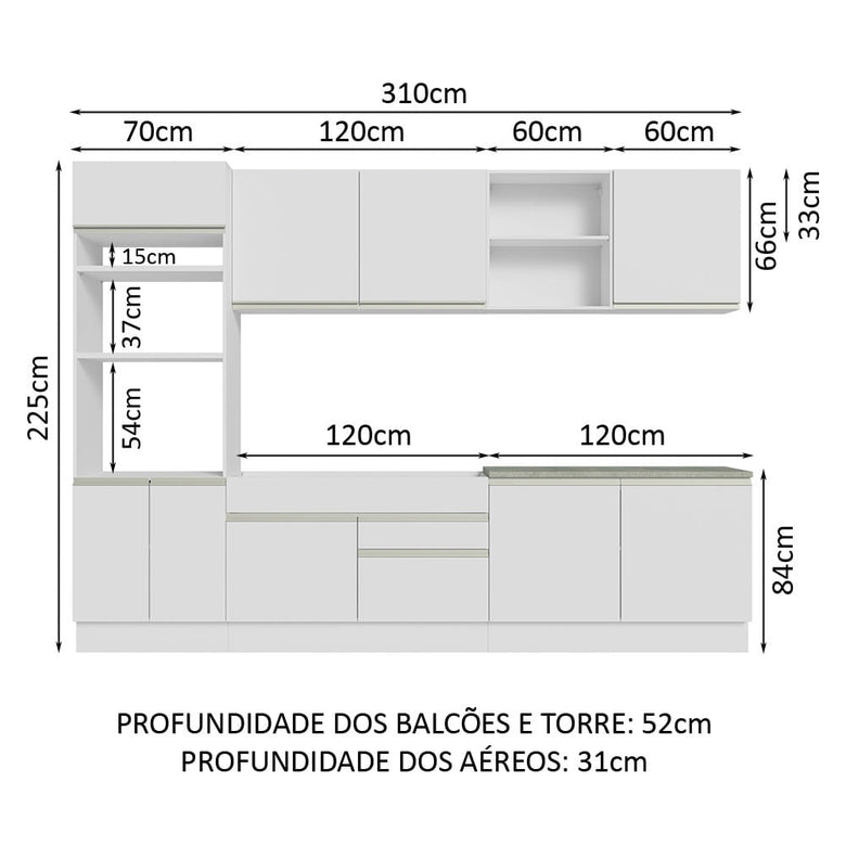Armário de Cozinha Completa 310cm Branco Glamy Madesa 02