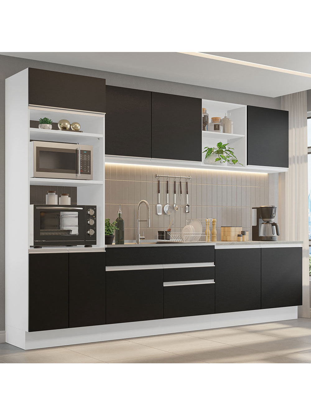 Armário de Cozinha Completa 310cm Branco/Preto Glamy Madesa 02 - Branco/Preto