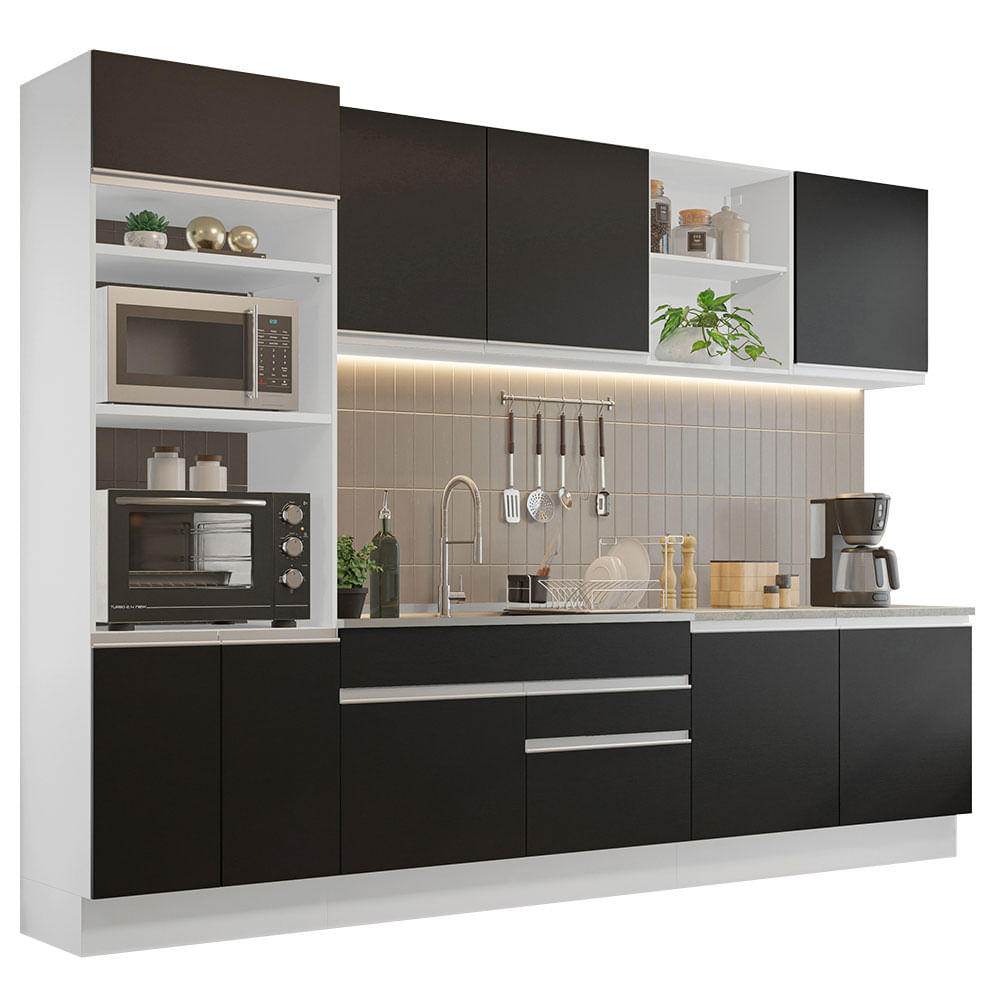Armário de Cozinha Completa 310cm Branco/Preto Glamy Madesa 02 - Branco/Preto