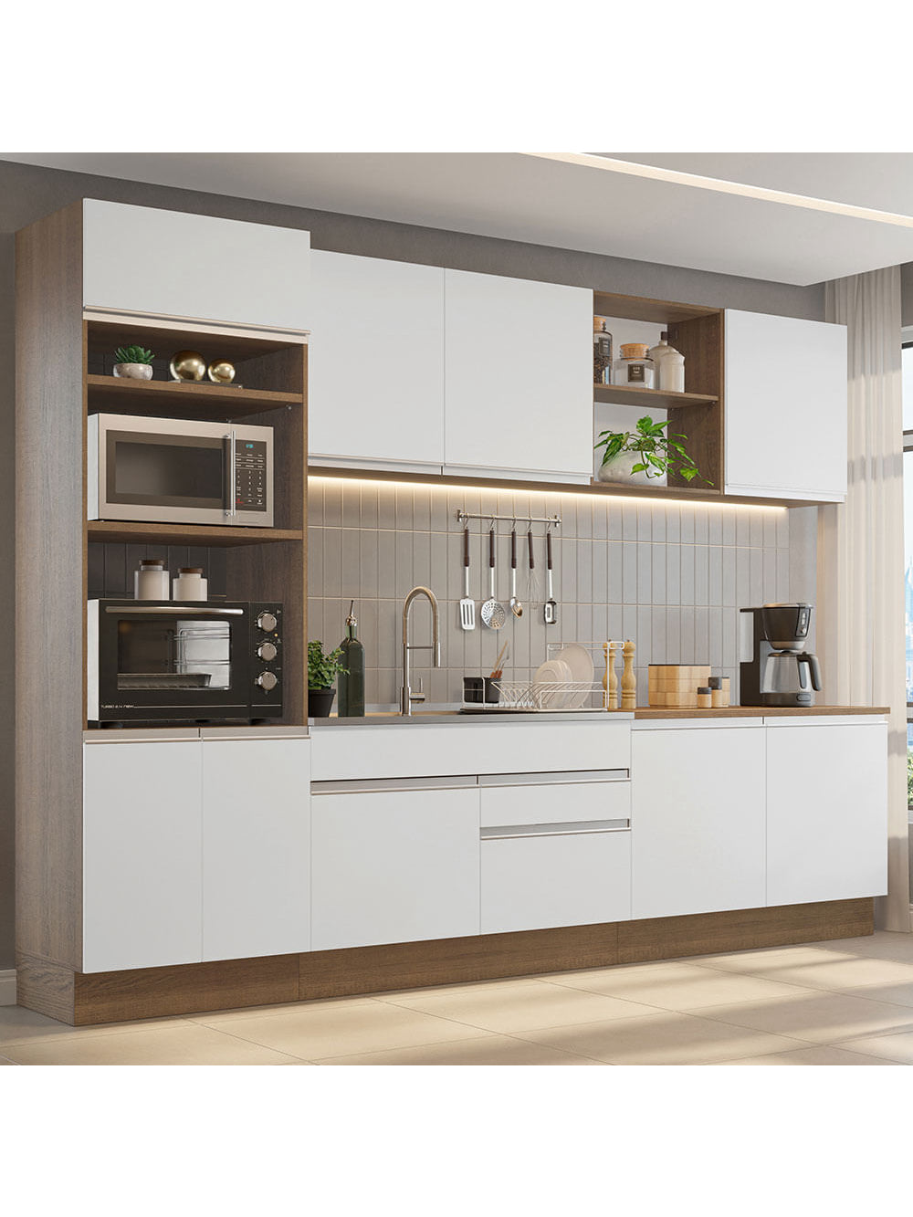 Armário de Cozinha Completa 310cm Rustic/Branco Glamy Madesa 02 - Rustic/Branco