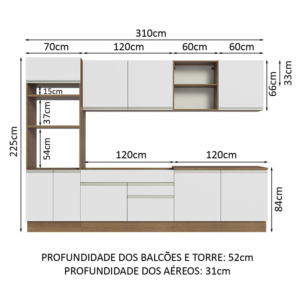 Armário de Cozinha Completa 310cm Rustic/Branco Glamy Madesa 02