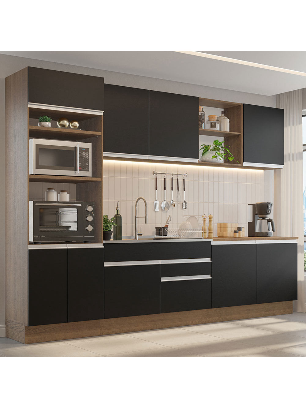 Armário de Cozinha Completa 310cm Rustic/Preto Glamy Madesa 02 - Rustic/Preto