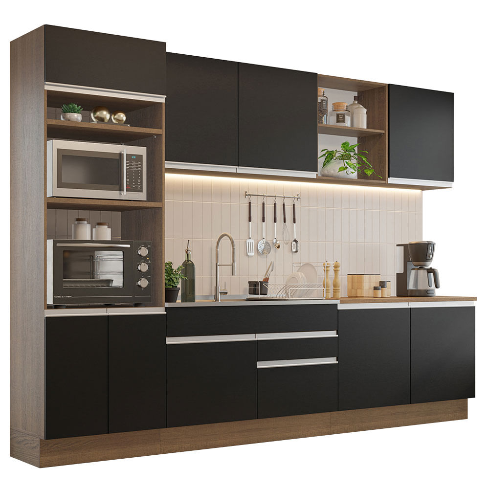 Armário de Cozinha Completa 310cm Rustic/Preto Glamy Madesa 02 - Rustic/Preto