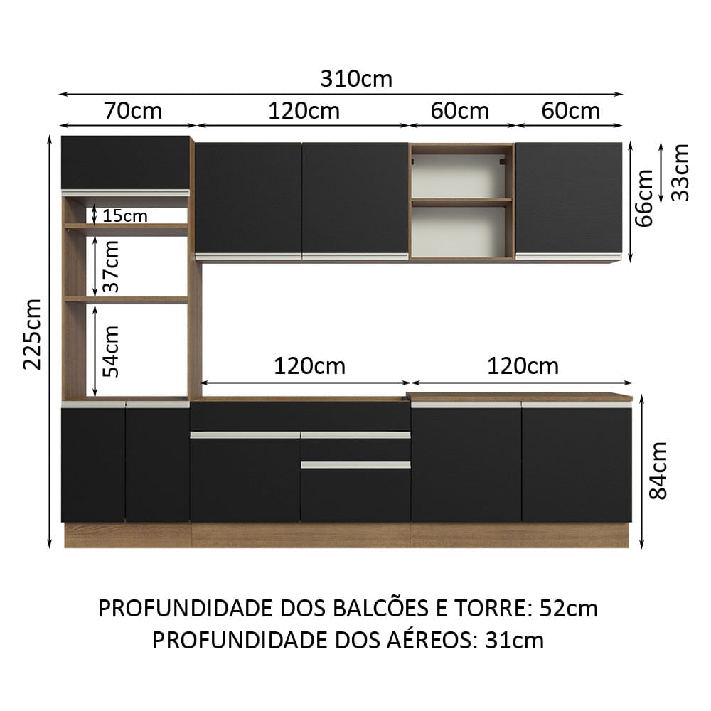 Armário de Cozinha Completa 310cm Rustic/Preto Glamy Madesa 02