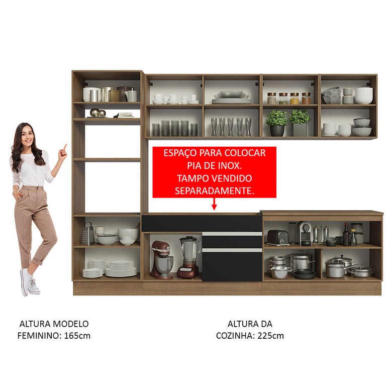 Armário de Cozinha Completa 310cm Rustic/Preto Glamy Madesa 02