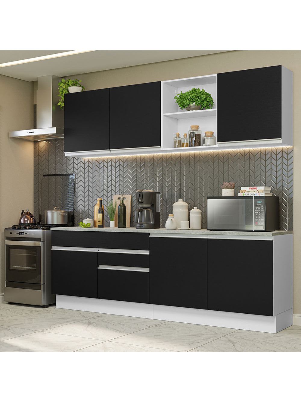 Armário de Cozinha Completa 240cm Branco/Preto Glamy Madesa 06 - Branco/Preto