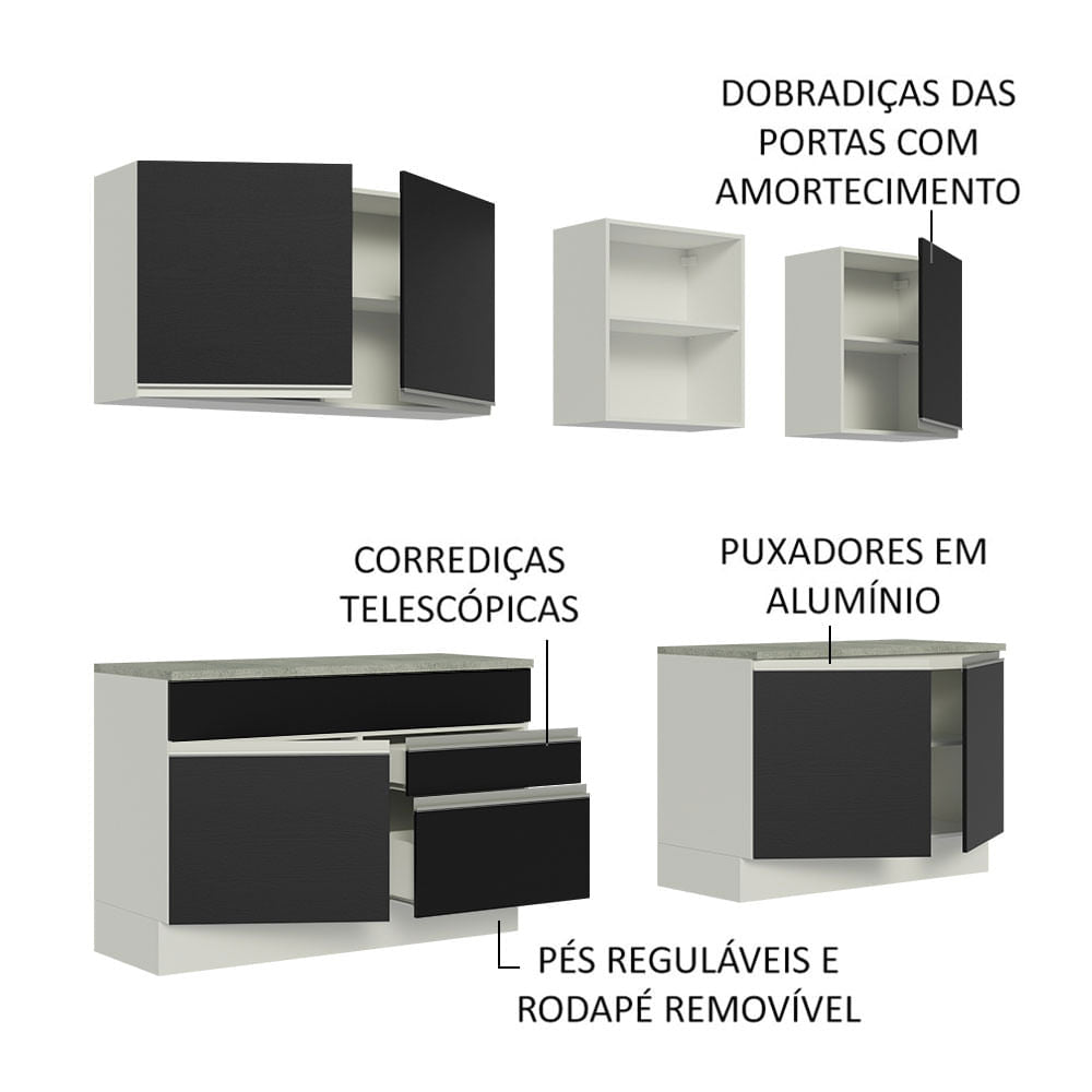 Armário de Cozinha Completa 240cm Branco/Preto Glamy Madesa 06