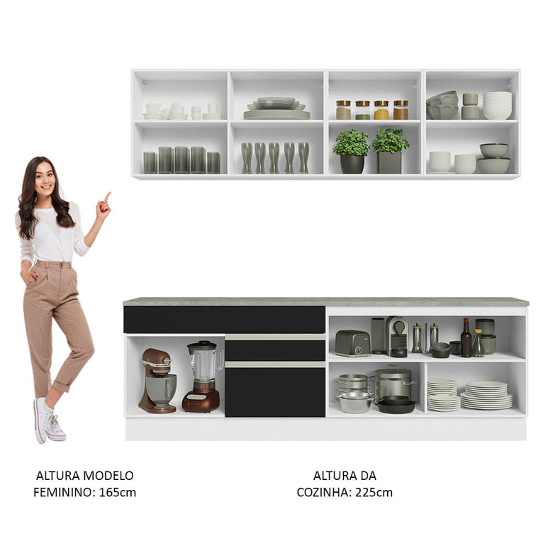 Armário de Cozinha Completa 240cm Branco/Preto Glamy Madesa 06