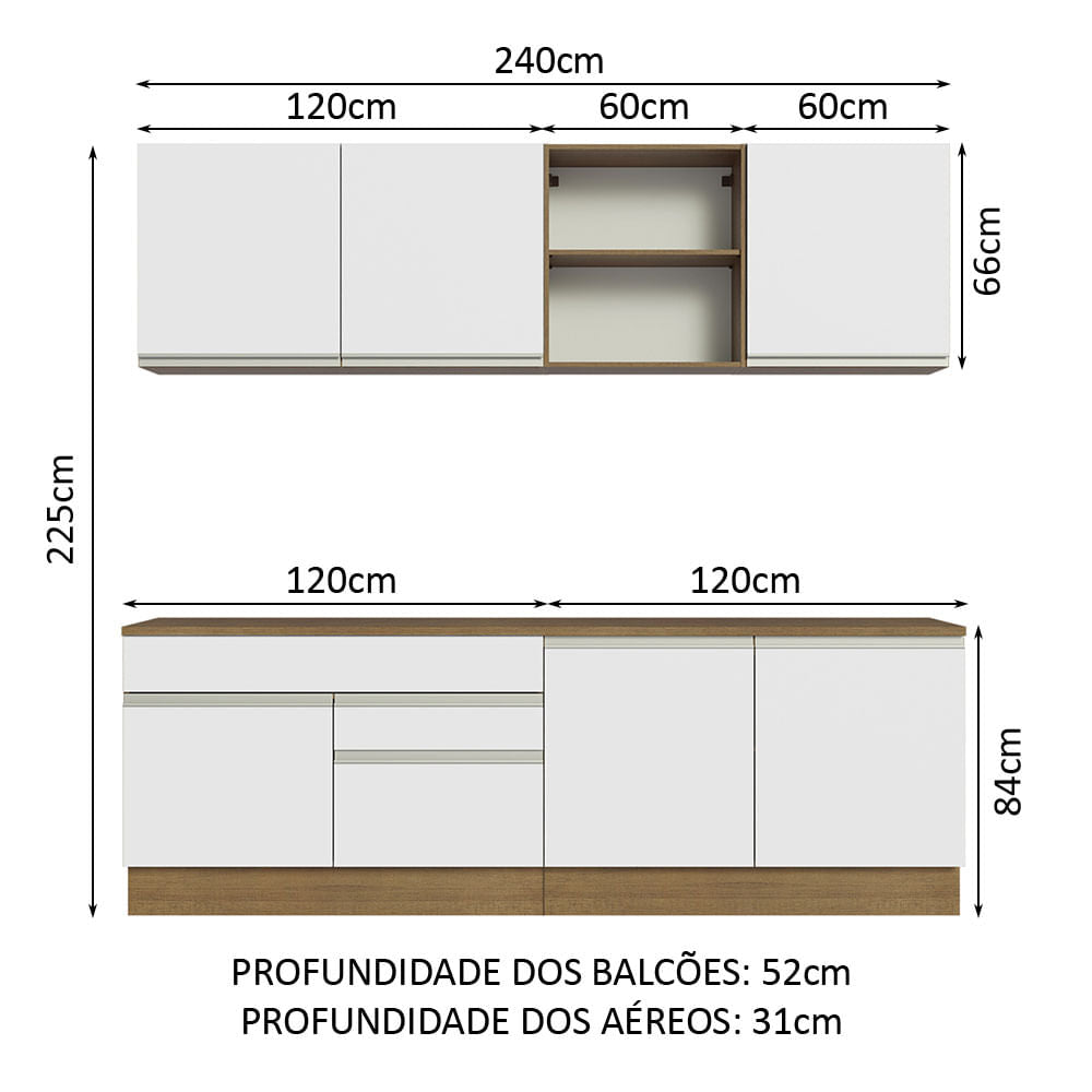 Armário de Cozinha Completa 240cm Rustic/Branco Glamy Madesa 06