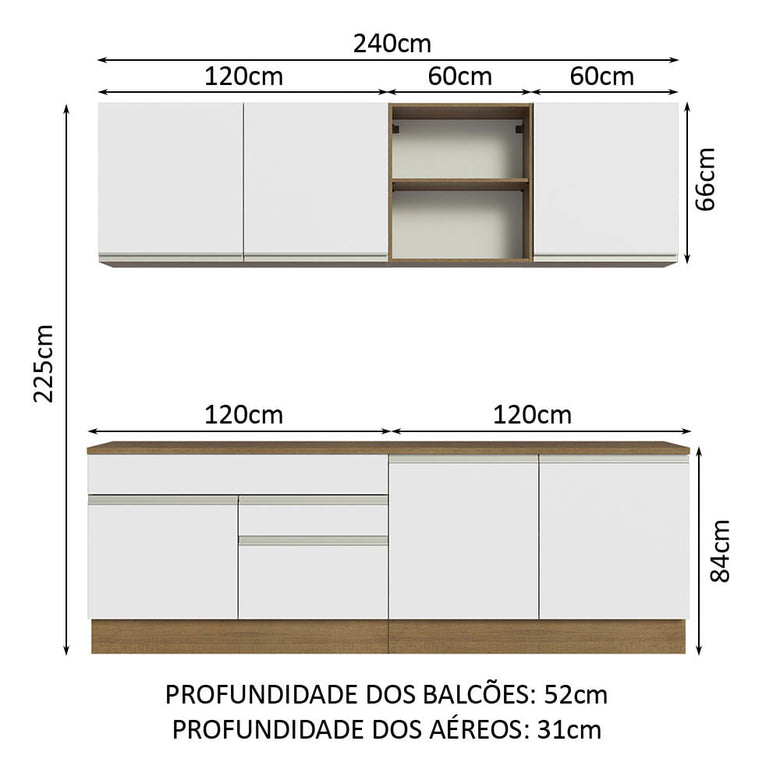 Armário de Cozinha Completa 240cm Rustic/Branco Glamy Madesa 06